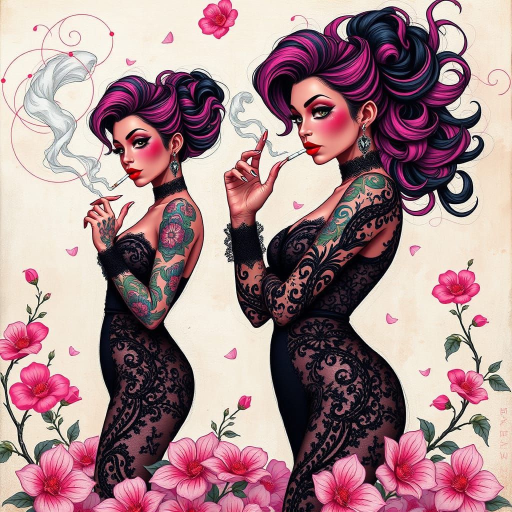 Ethereal Women in Black Lace, Exaggerated Features, and Whim...