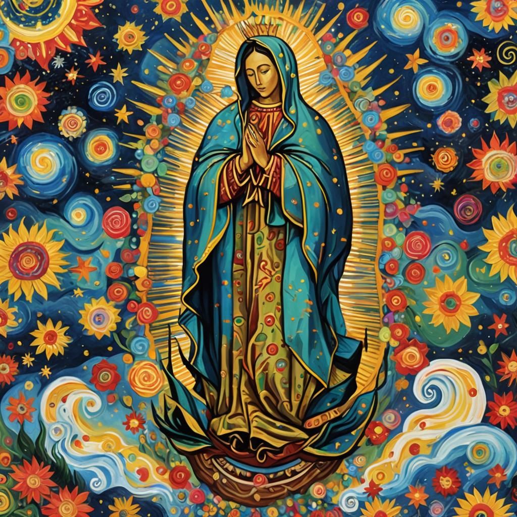 Virgin of Guadalupe as Starry Night Gouache Painting