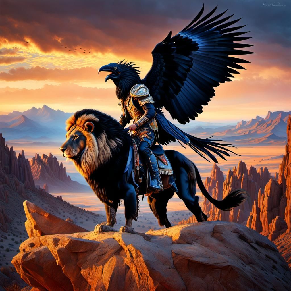 Native Chief Rides Crow-Lion in Desert Landscape