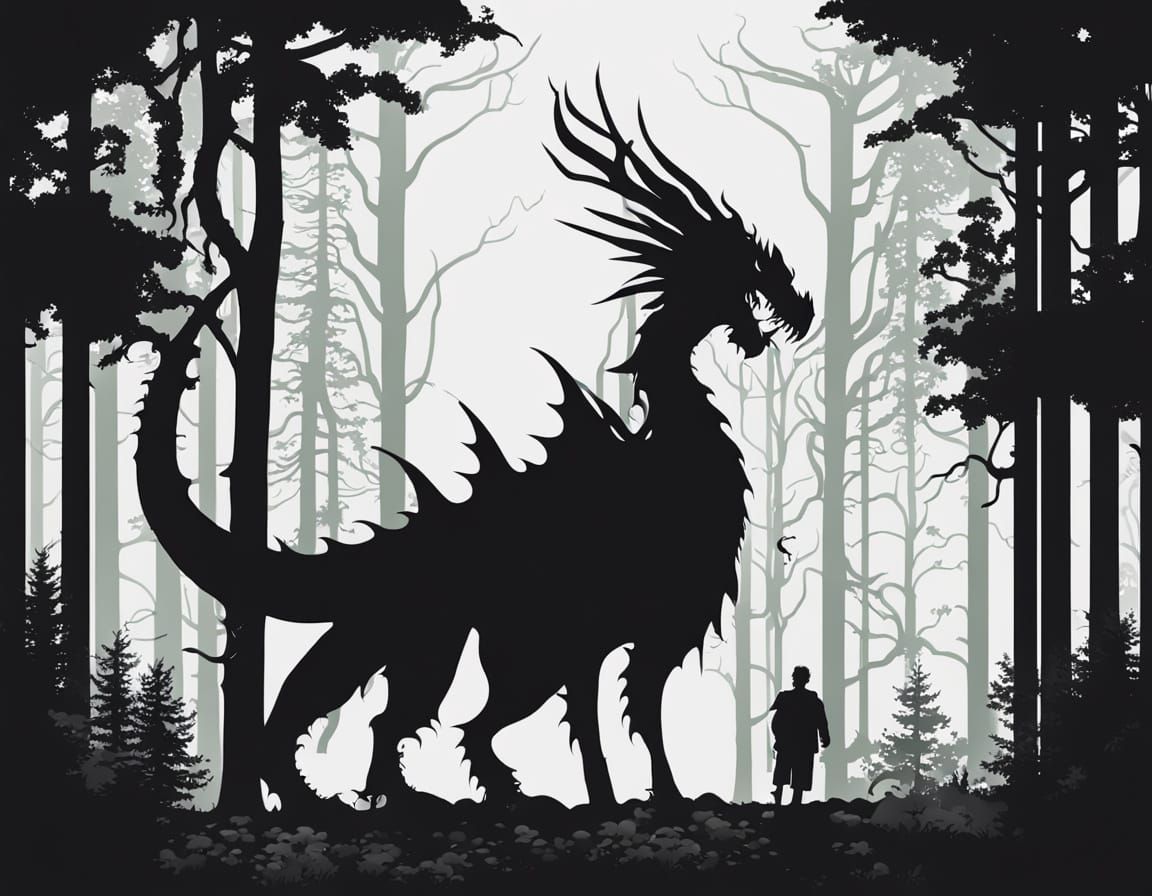 Eldritch Forest at Dusk, Dragon Silhouette in Muted Hues