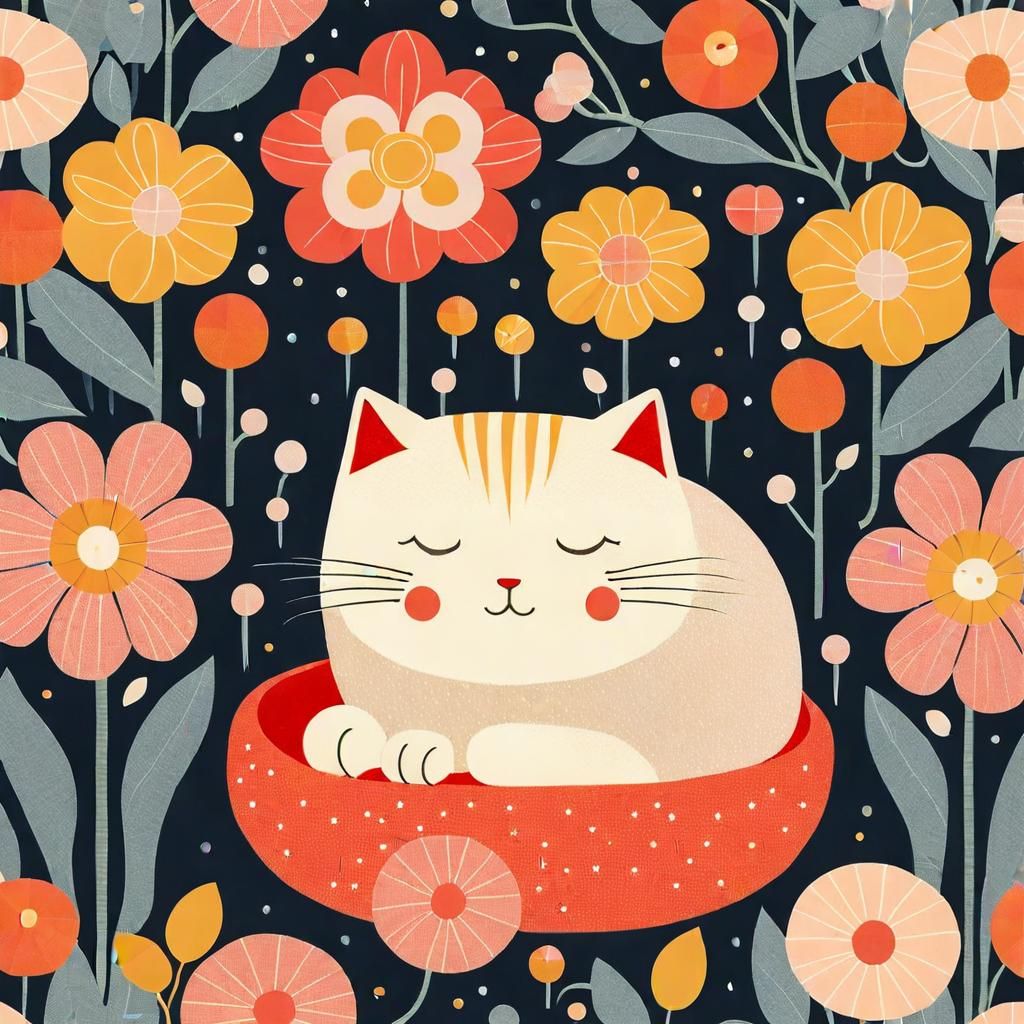 Cute Cat Surrounded by Flowers in Graphic Style