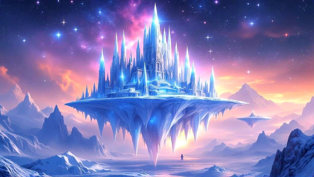 Majestic Floating Ice Kingdom in Cosmic Realm