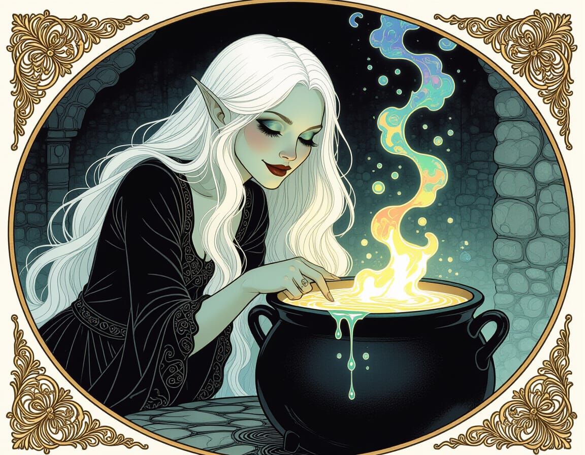 Ethereal Goth Witch Brews Shimmering Potion