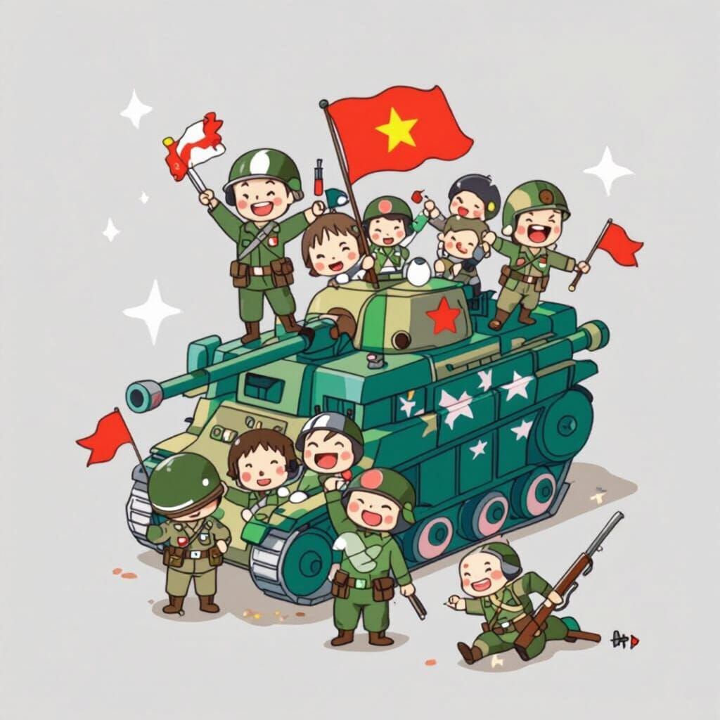 Happy Chibi Soldiers with Tank and Flag in Cartoon Style