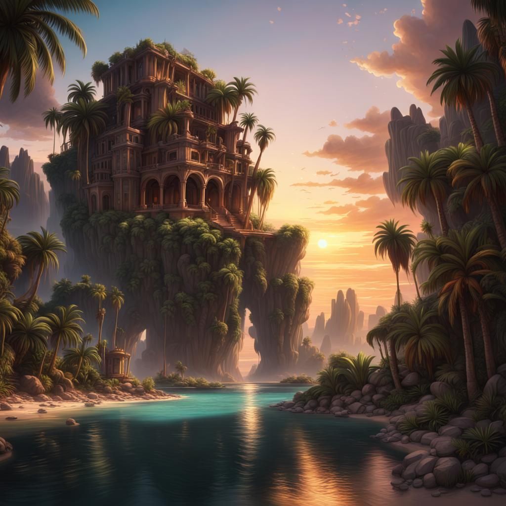 Island Oasis at Sunset: Digital Matte Painting