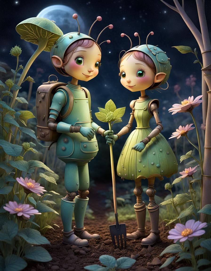 Couple Night Gardening on Trantor with Earthshine