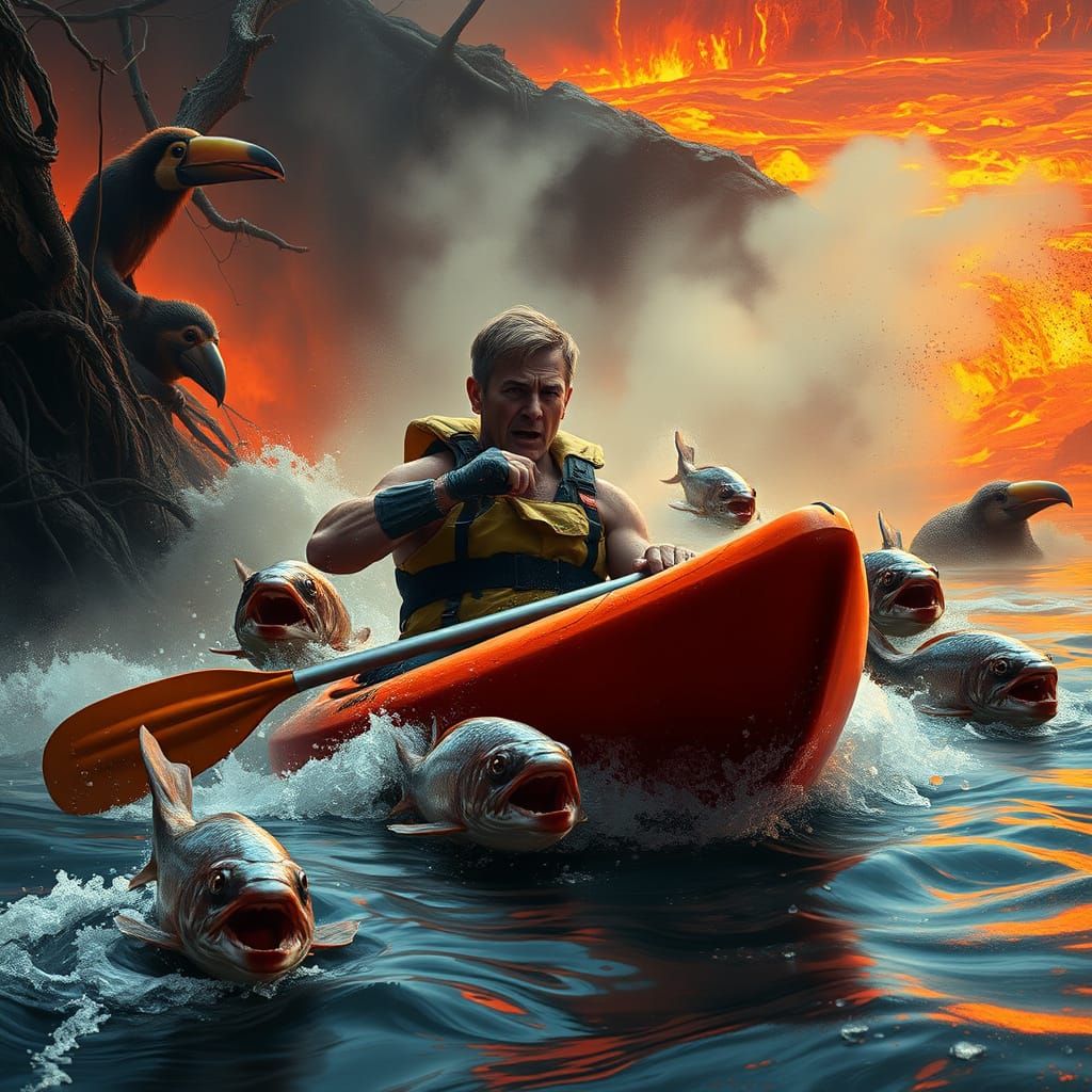 Kayaker in Peril Amidst Lava-Filled River