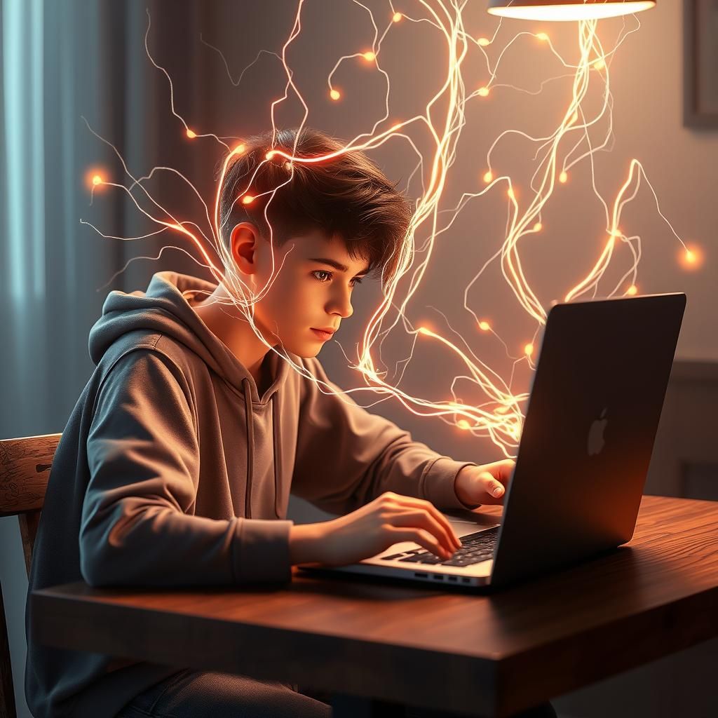 Teen Entranced by Laptop in Ethereal 3D Render