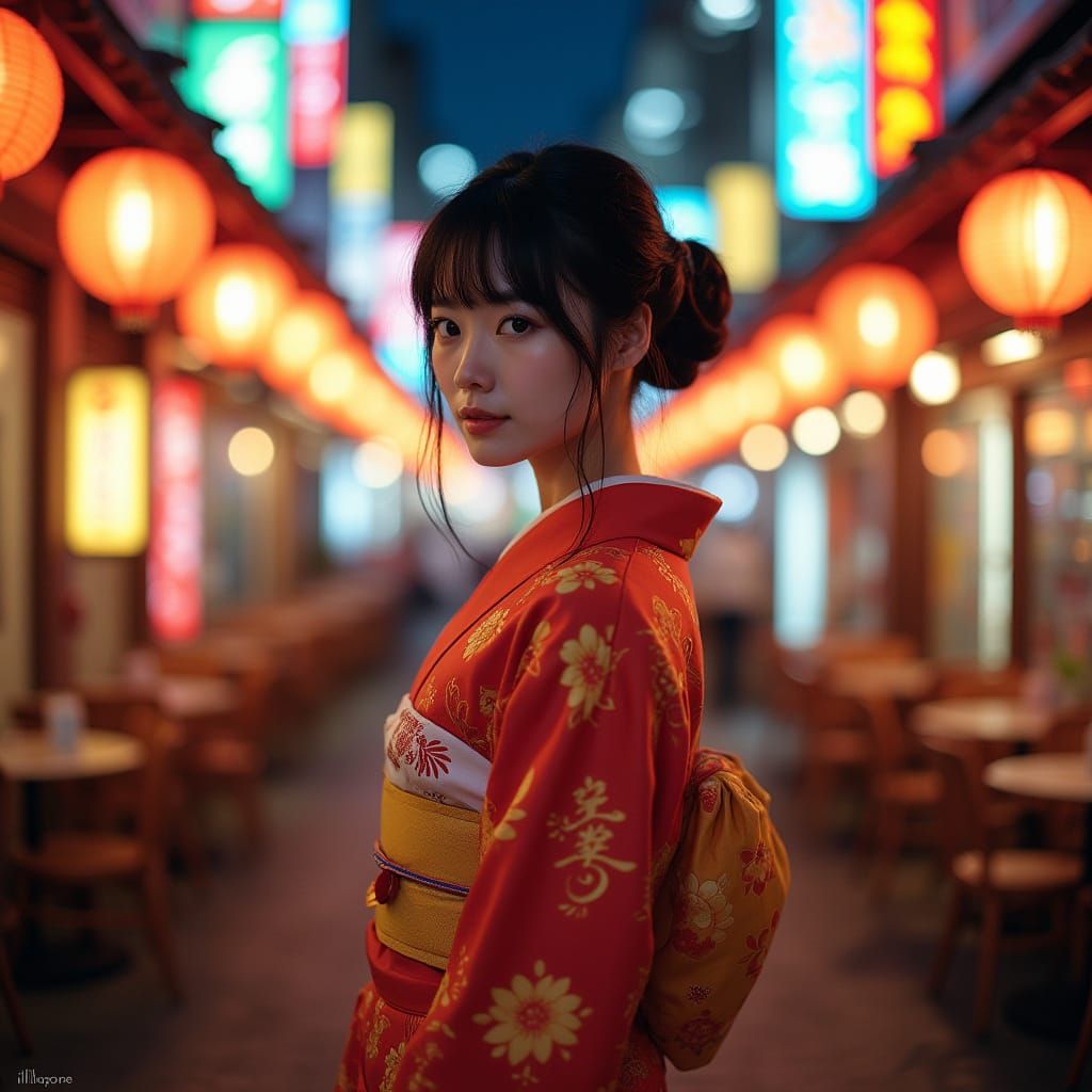 Japanese Woman in Kimono on Neon Street