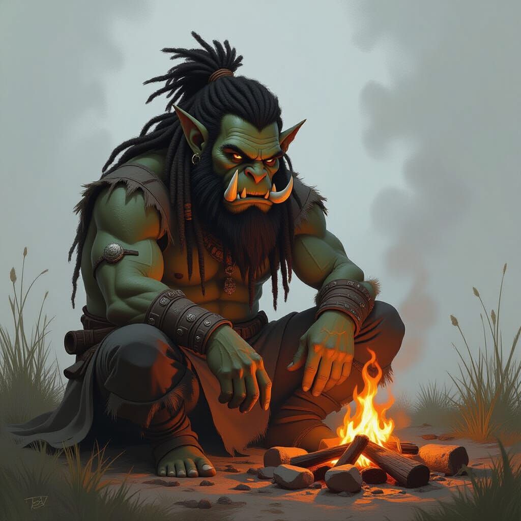 Orc with Dreadlocks by Campfire, Digital Painting