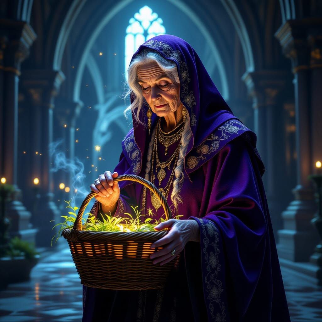 Elderly Royal Servant with Glowing Herbs in Castle Hall