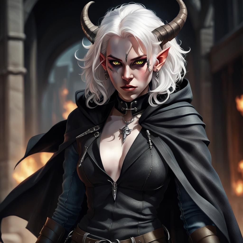 Dynamic Tiefling Concept Art in High Fashion Gothic Style