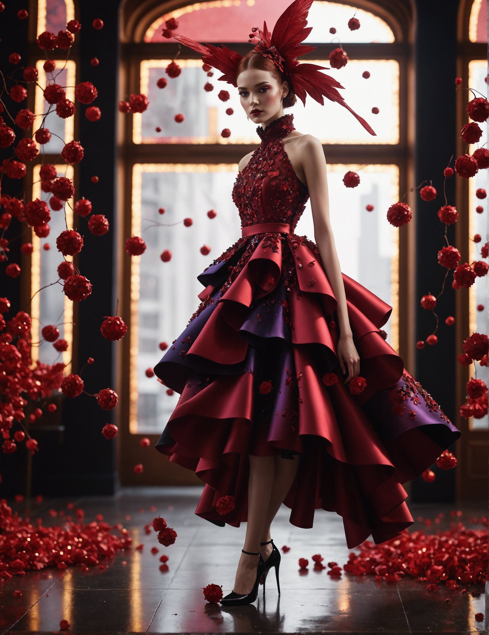 Crimson Fairy Core Fashion in Volumetric Lighting