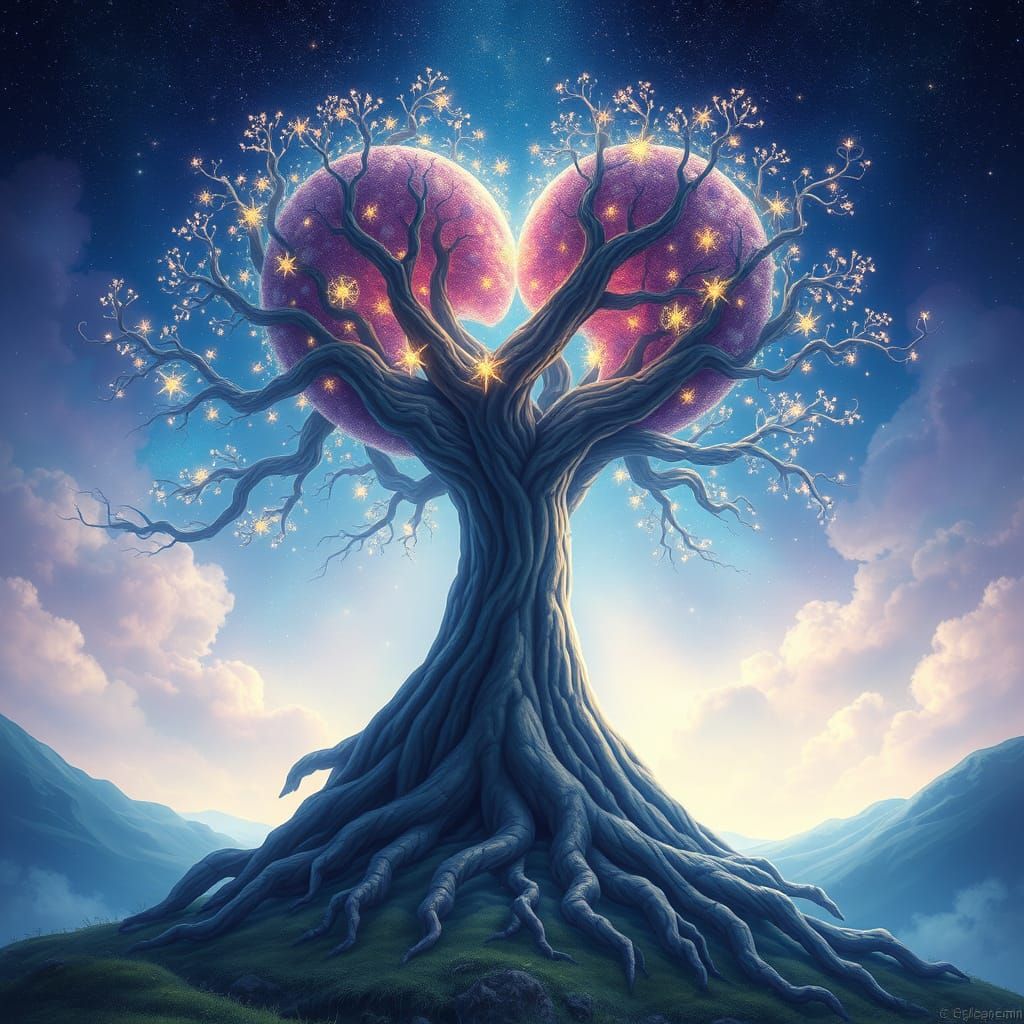 Celestial Heart Tree in Whimsical Style