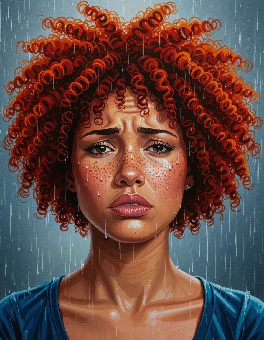 Woman Miserable in Rain with Curly Red Hair