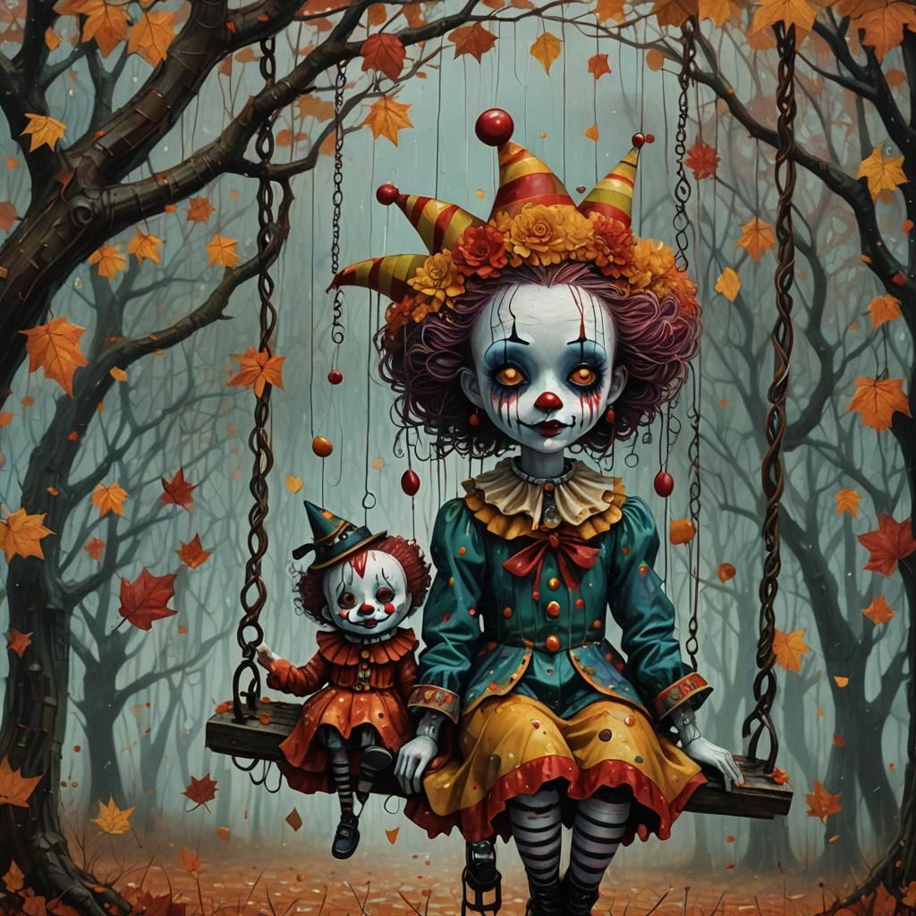 Girl and Clown on a Swing in Pop Surrealism Style