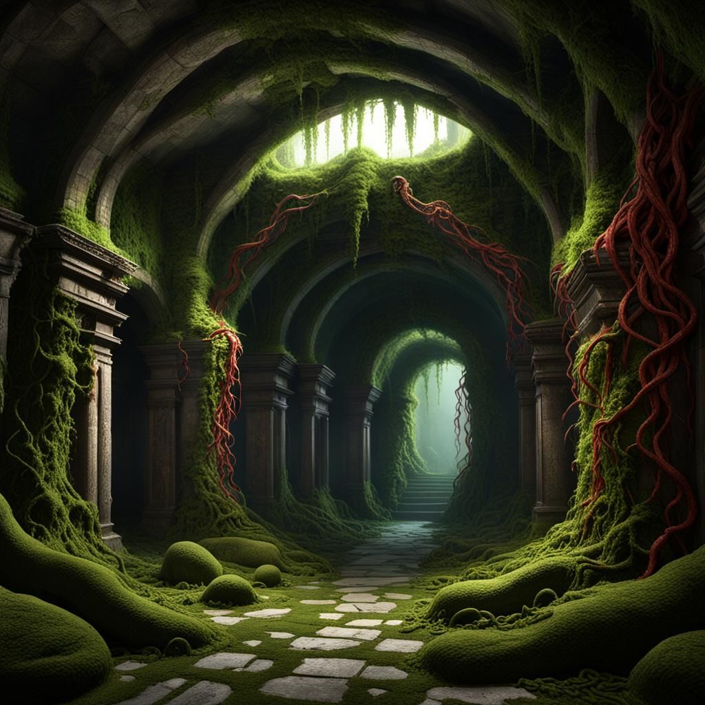 Dark Fantasy Catacombs with Vines and Snakes