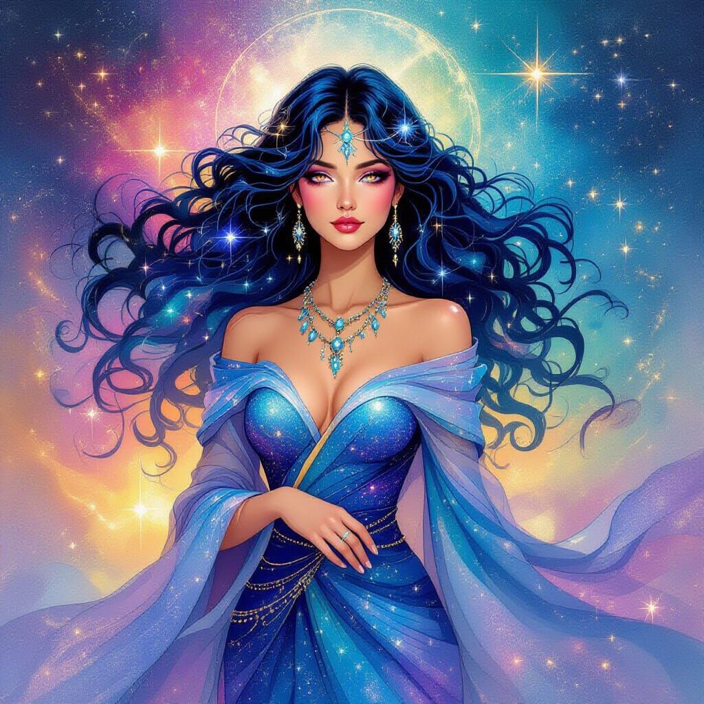 Nebula Goddess with Cosmic Hair and Stardust Robes