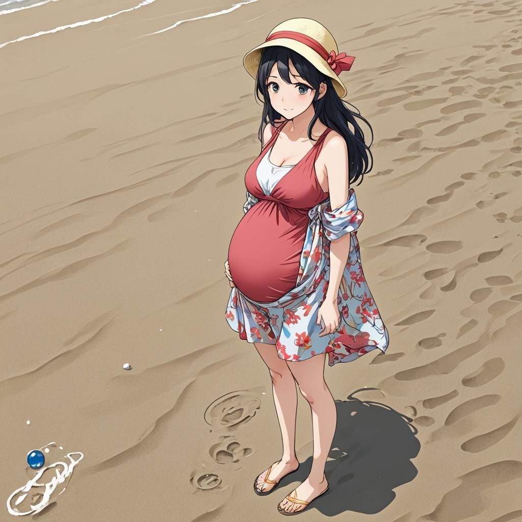 Pregnant Anime Character in Beach Clothes