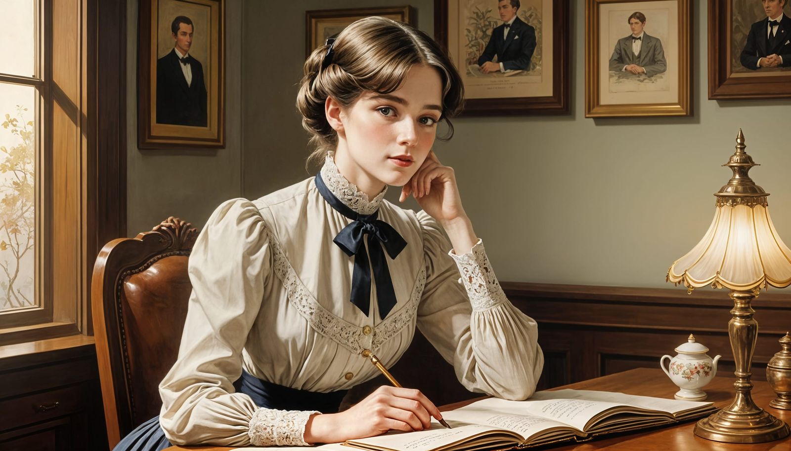 Elegant Secretary in Early 20th-Century Office Setting, as I...