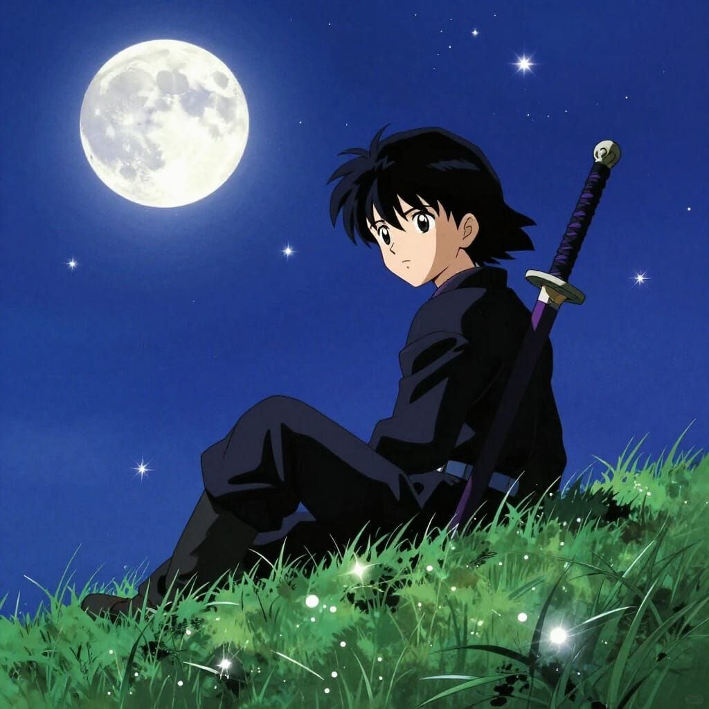 Loner Boy Under Moonlit Starry Sky in 90s Anime Style