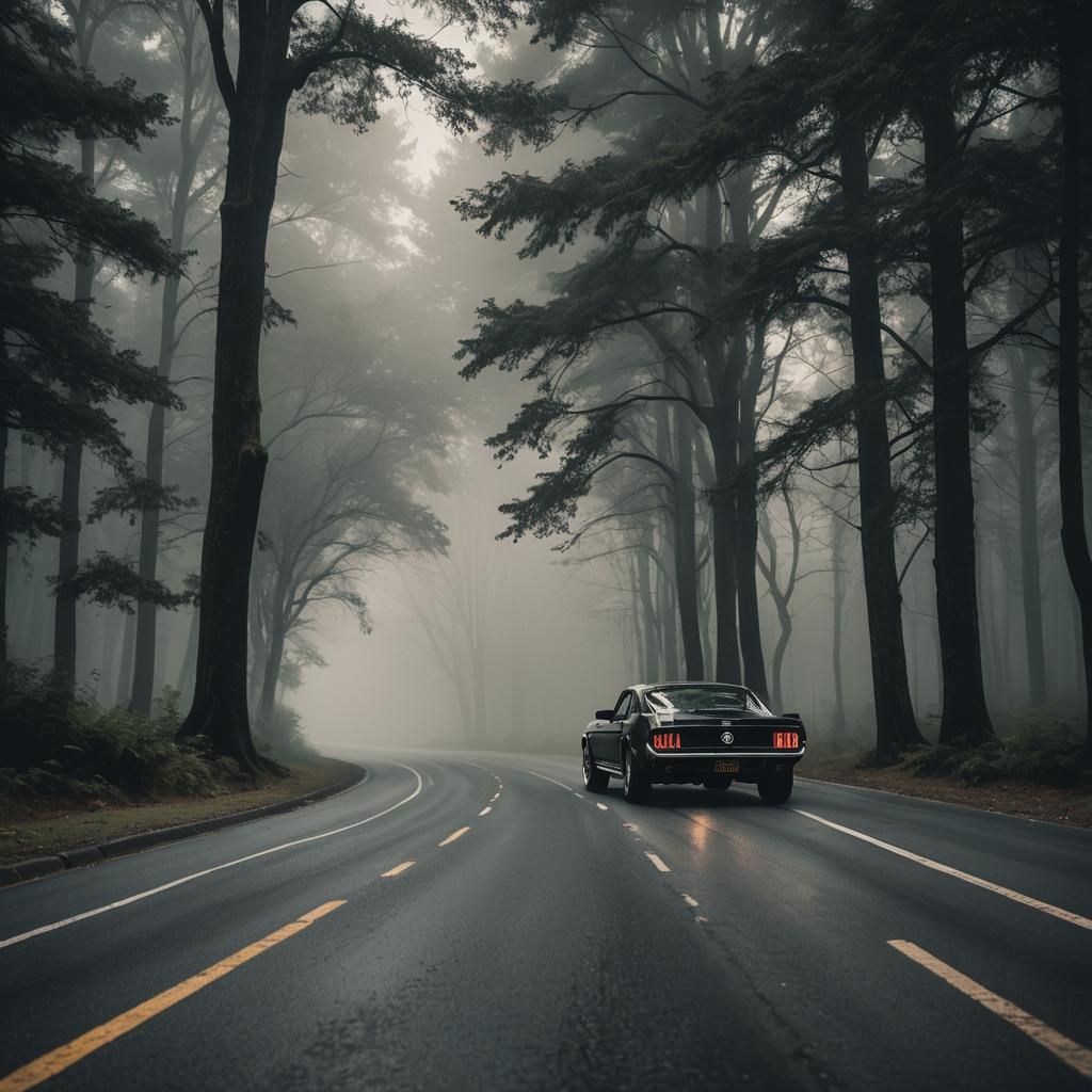 Black Ford Mustang on Misty Road: Car Photography