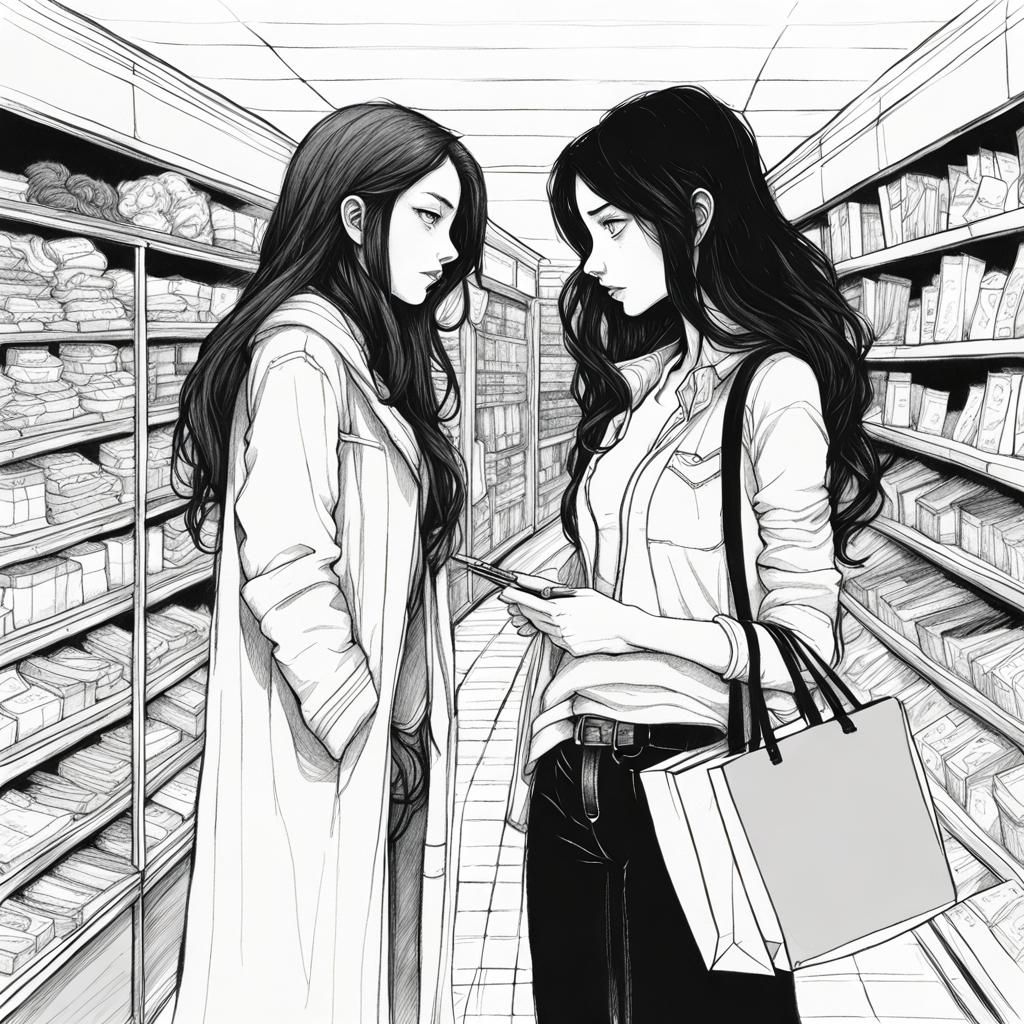 Young Woman Shopping with Girlfriend in Pencil Art Style
