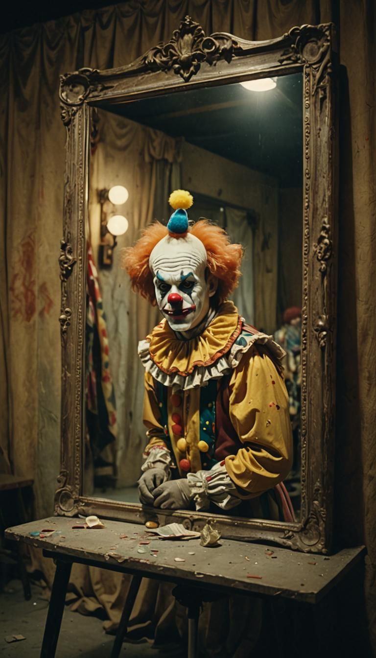 Sad Clown and Happy Reflection: Cinematic Film Still