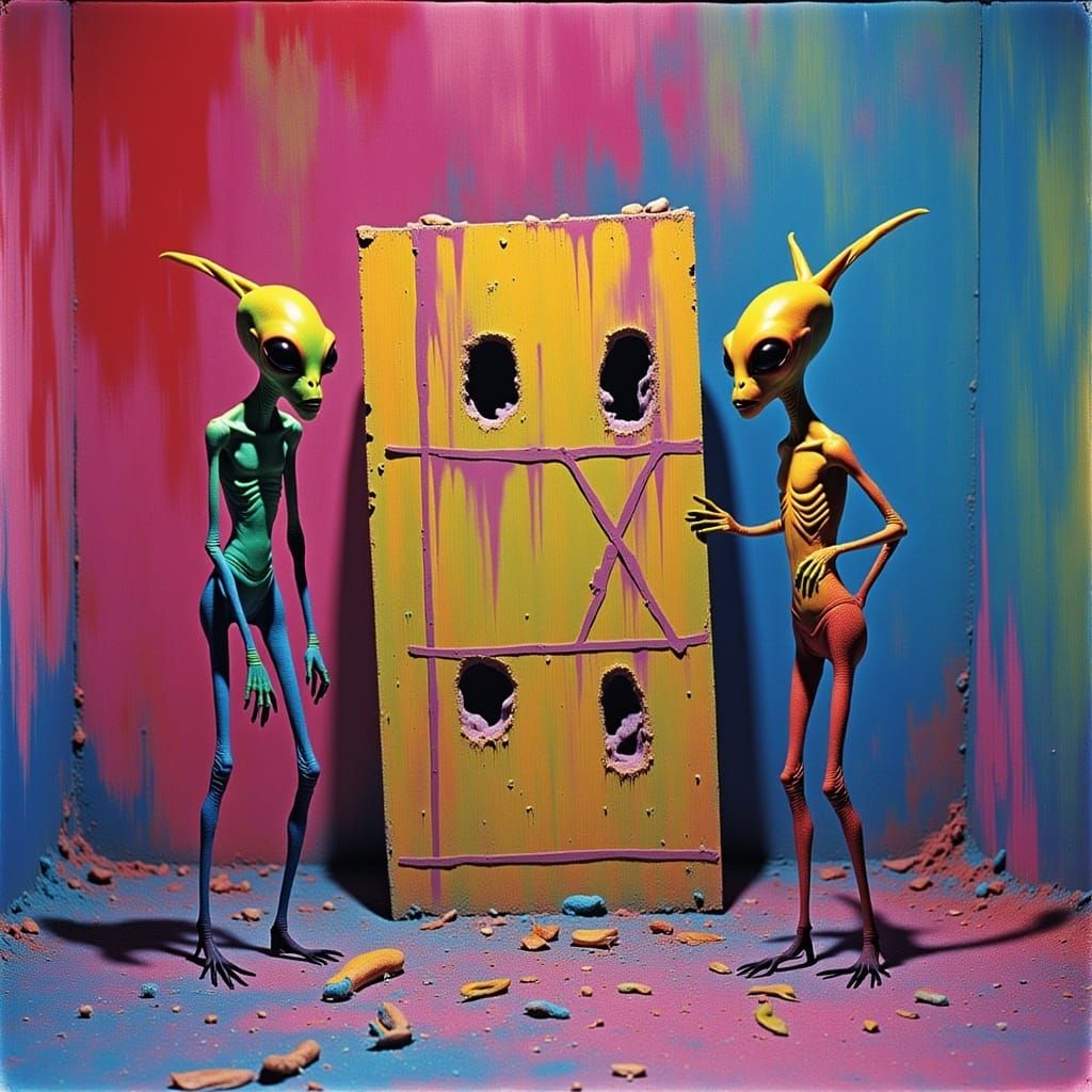 Alien Humanoids Play Tic-Tac-Toe in Dreamlike Gouache