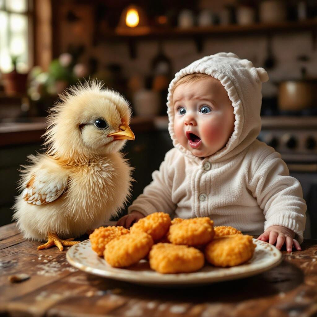 Shocked Chicken Stares at Nuggets, Whimsical Art