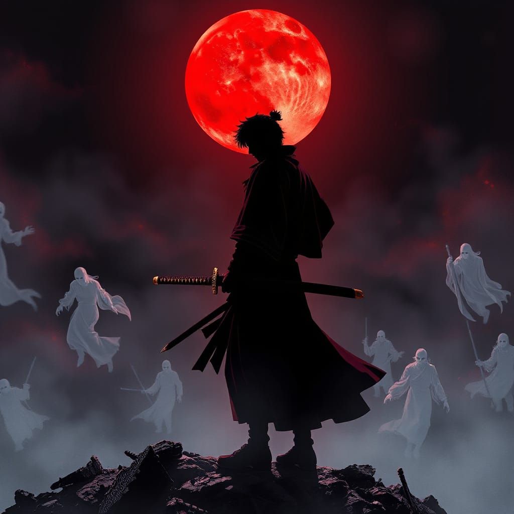 Ronin Silhouetted Against Blood-Red Moon, Katana Gleaming wi...