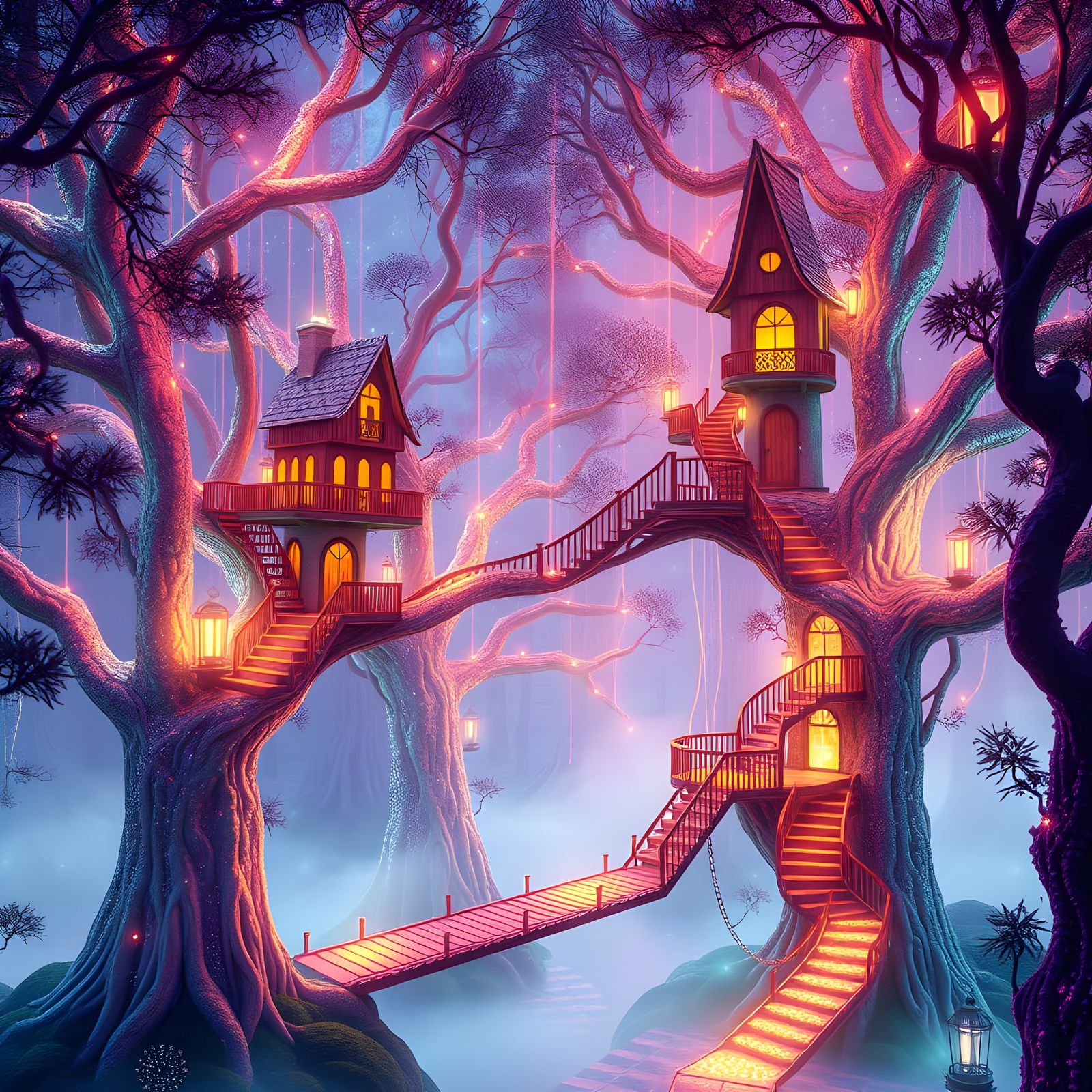 Treehouses in Towering Vibrant Trees - Neon Synthwave Dreams...