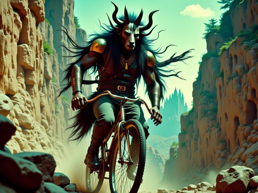 Giant Minotaur on a Bicycle in Vibrant Neon Light