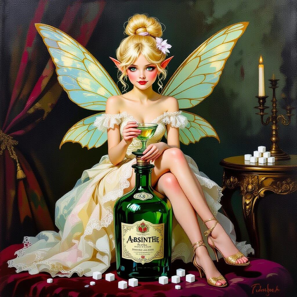 Neo-Impressionist Fairy with Absinthe Bottle