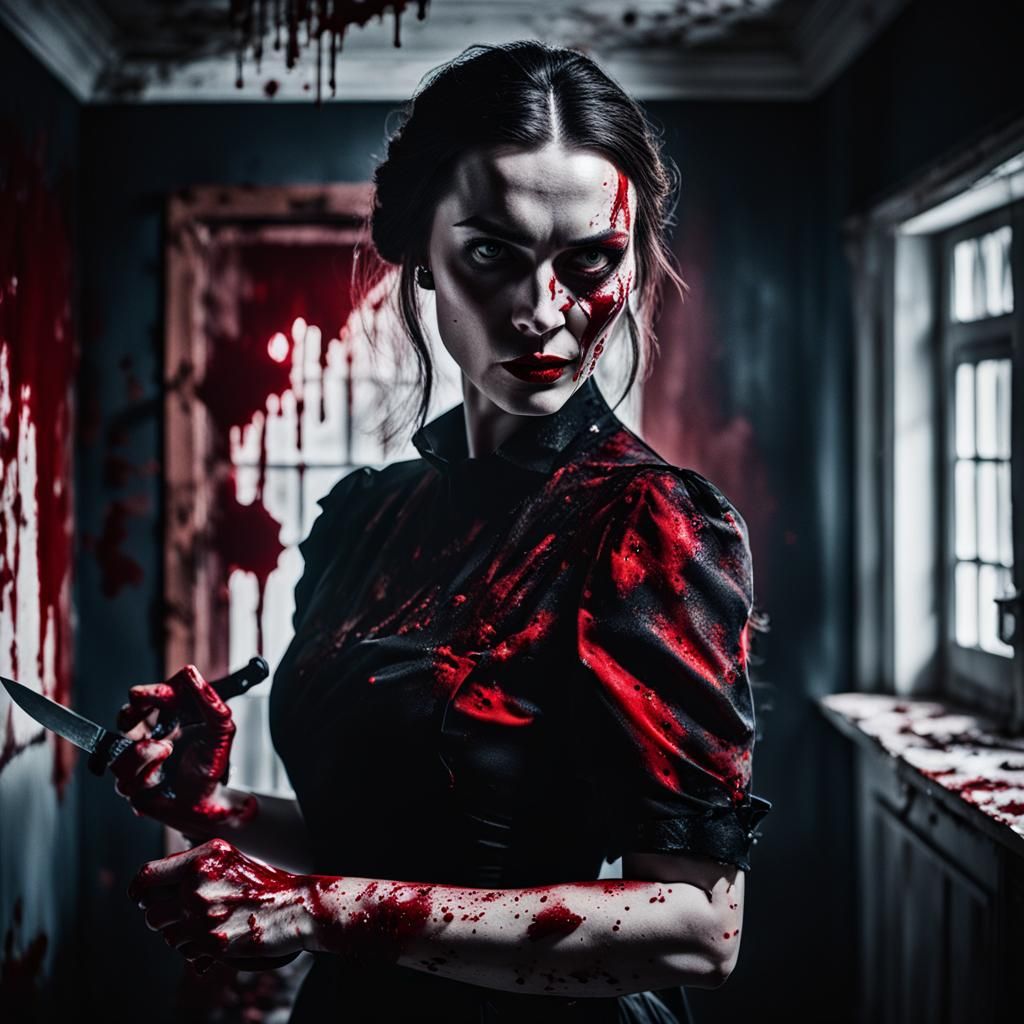 Macabre Portrait: Woman with Knife in Red Light