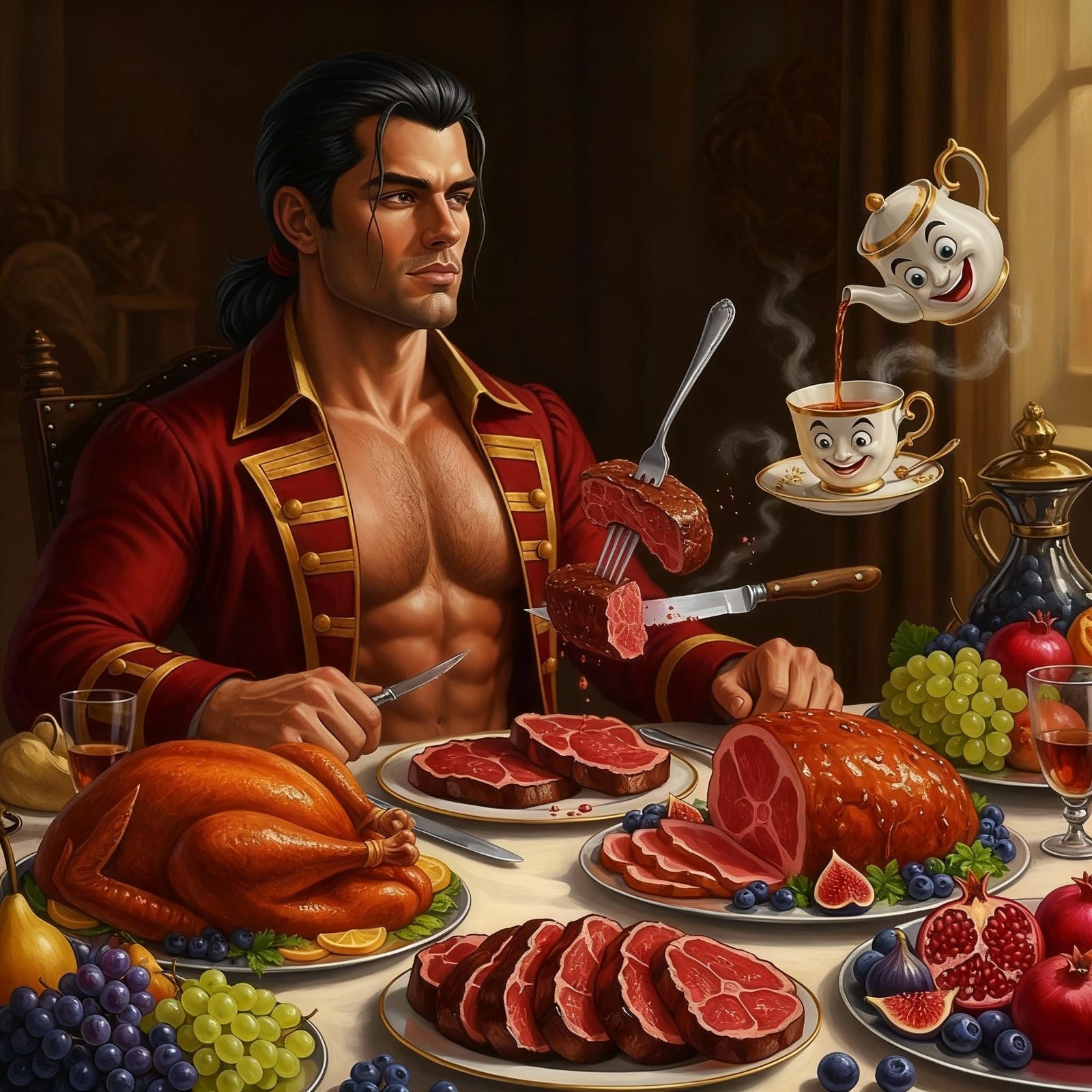 Muscular Gaston Feasts with Enchanted Diningware