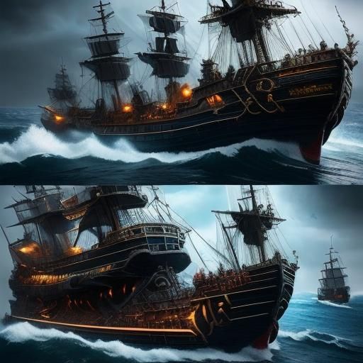 Galleass Warship Battles Pirate Brig in Stormy Seas