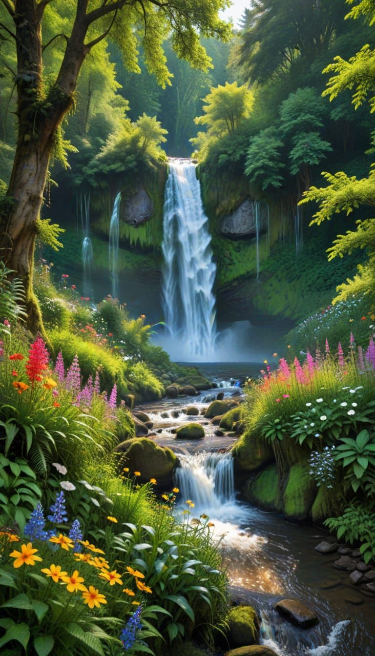 Vibrant Waterfall in a Lush Forest with Radiant Wildflowers