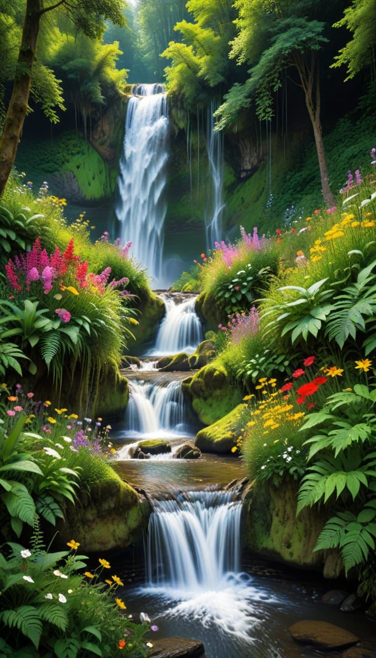 Idyllic Landscape of Vibrant Waterfall and Lush Forest
