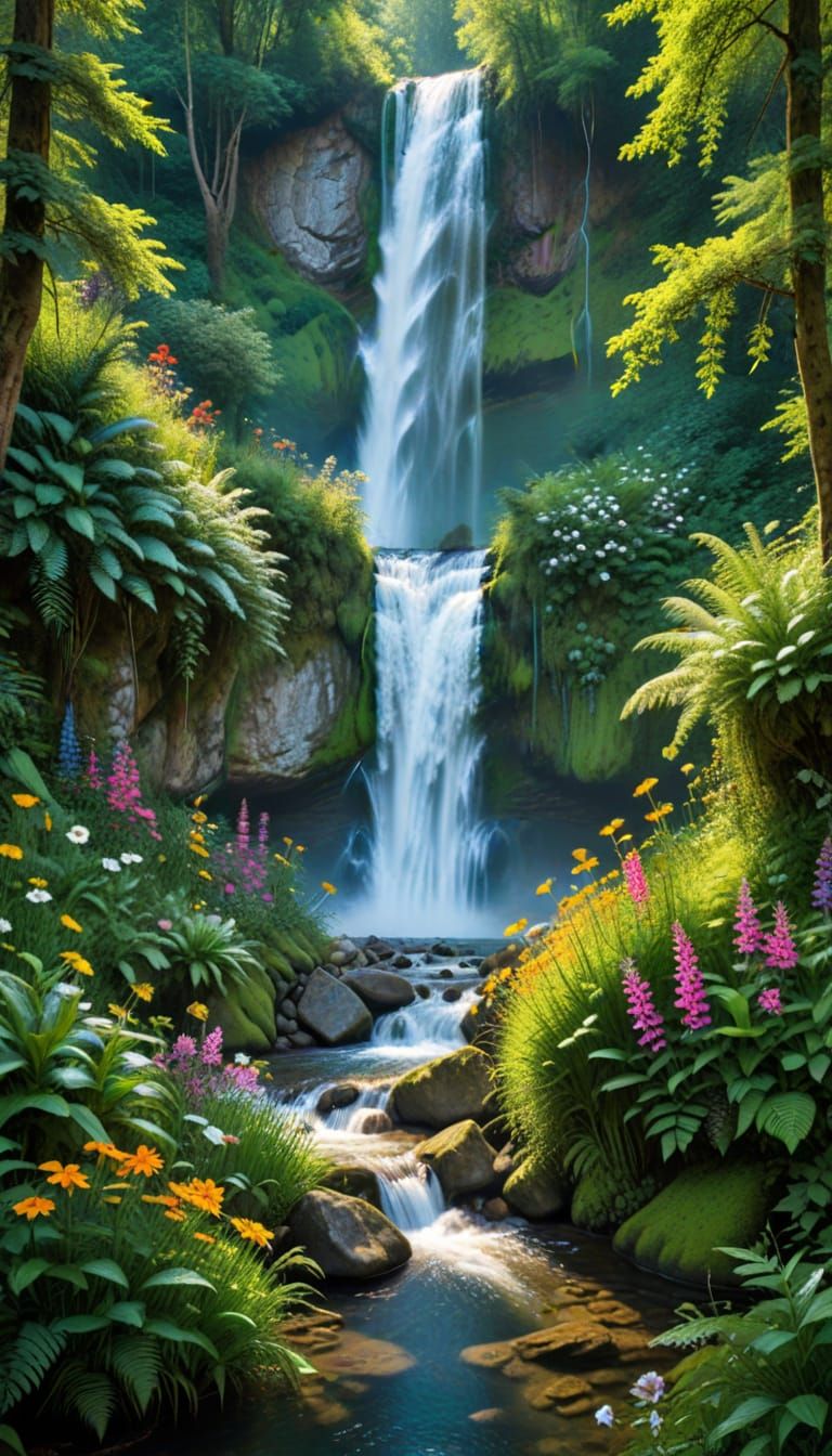 Idealized Tropical Paradise with Lush Forest and Vibrant Wil...