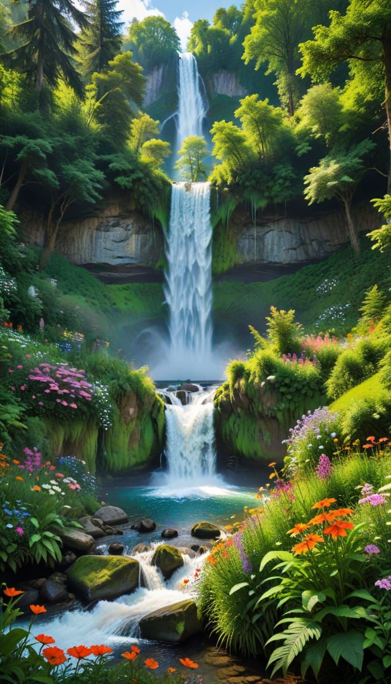Idealized Landscape with Vibrant Waterfall and Radiant Wildf...