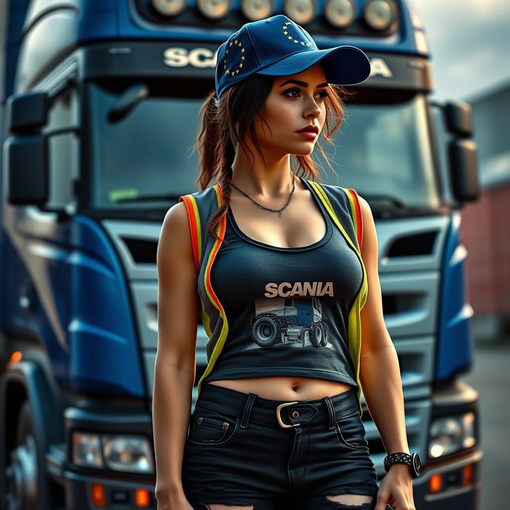 EU Female Trucker in Gritty, Realistic Style