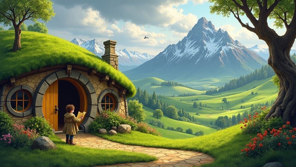 Emerald Shire Landscape with Hobbit and Dragon