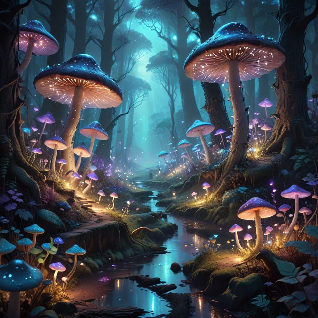 Magical Forest Path Illuminated by Dancing Mushrooms