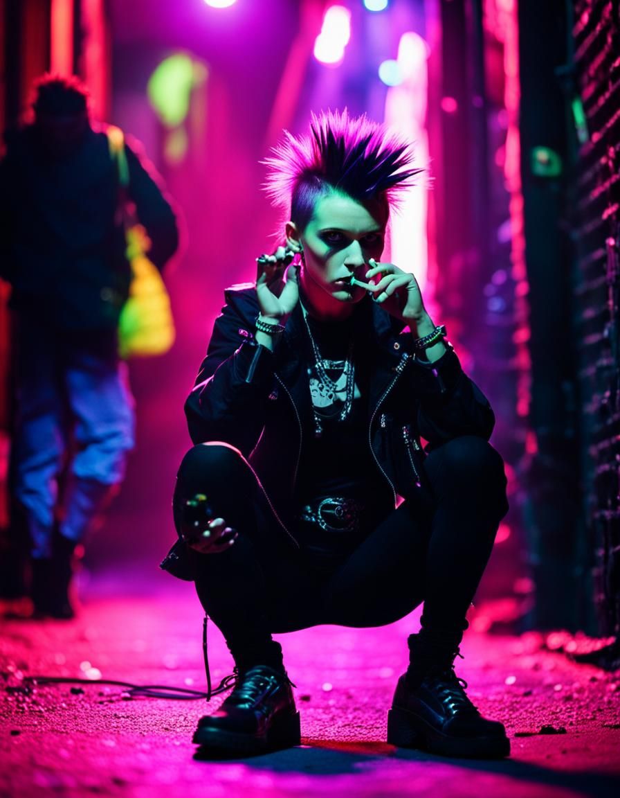 Goth Punk Girl Smoking in Neon Cyberpunk Cityscape