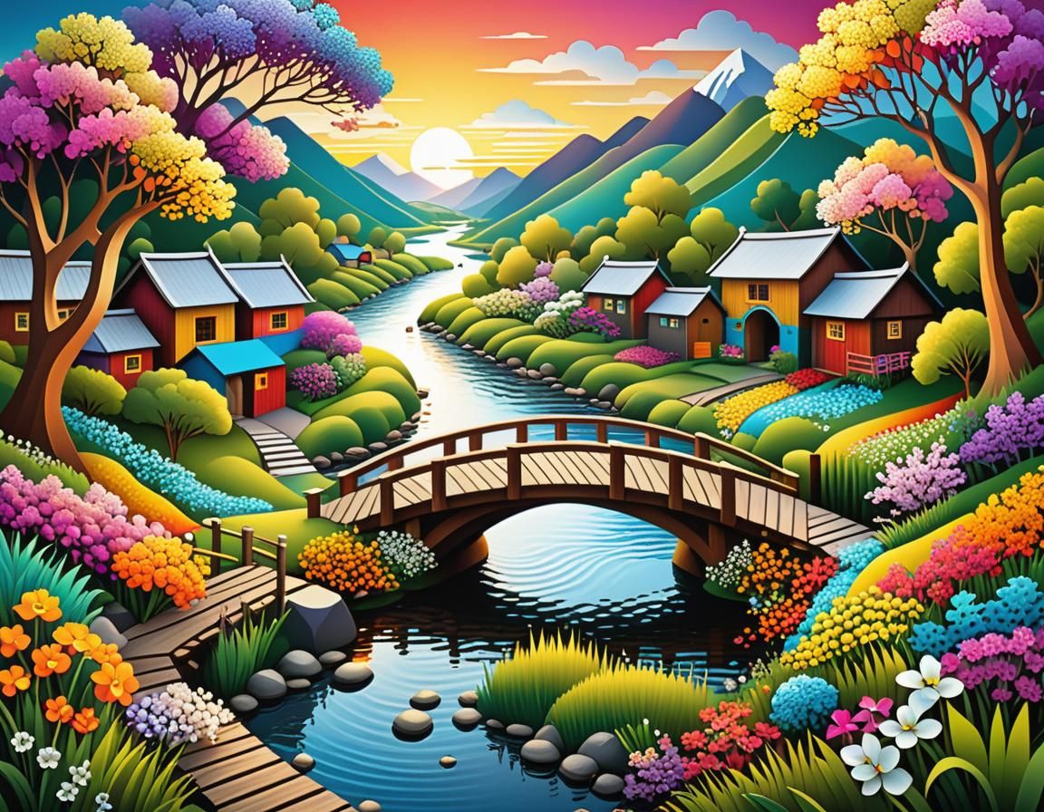 Colorful Folk Art River Scene with Isometric Elements