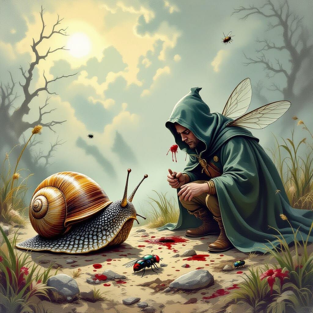 Snail Investigates Fly Death: Horror Illustration