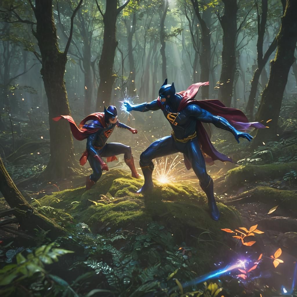 Superhero vs Villain in Enchanted Forest: Comic Art