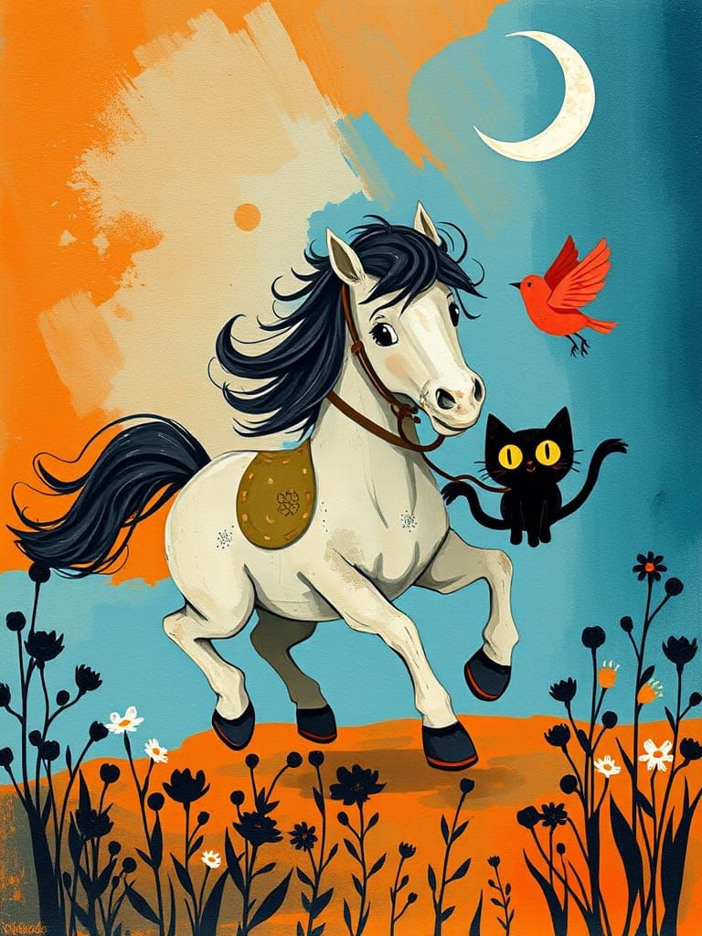 Whimsical Horse and Friends Under Moonlit Sky