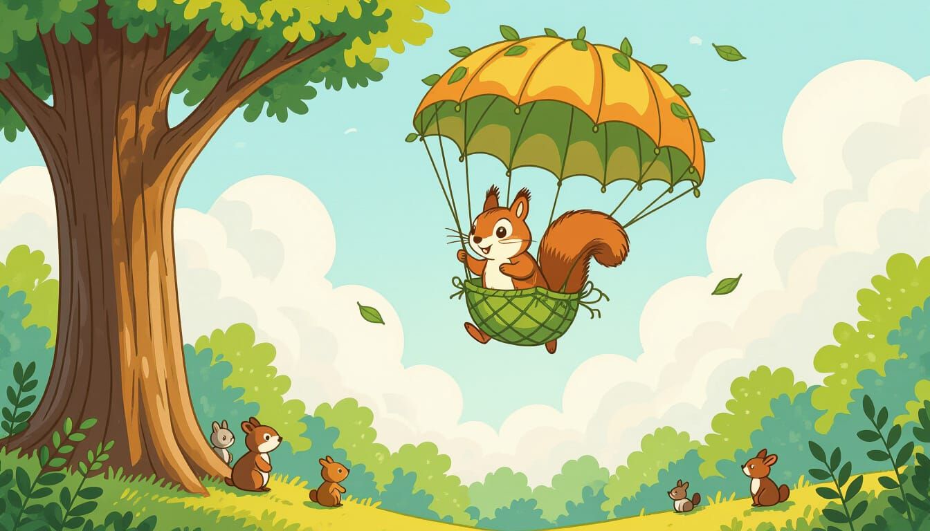 Squirrel's Parachute Adventure in Storybook Style